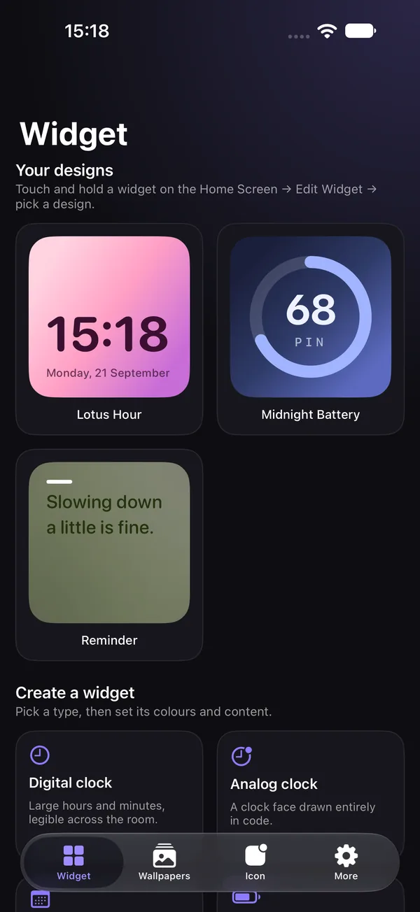 Duo Themes widget gallery with clock, date and battery widgets